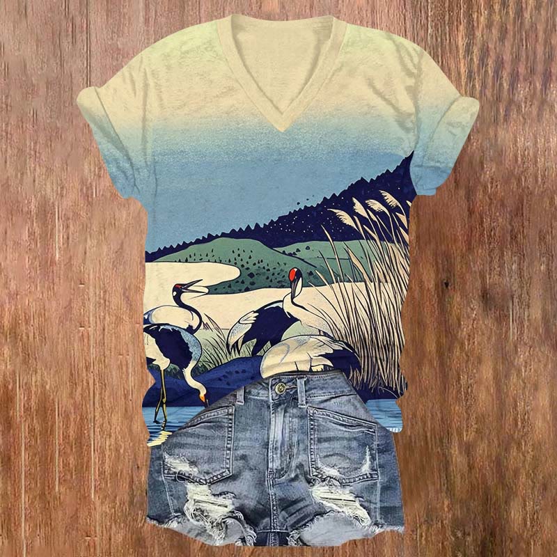 Vintage Cartoon Crane Reed & Hills Print V-neck T-shirt - Multicolor - US32-34(5XL) - image 1