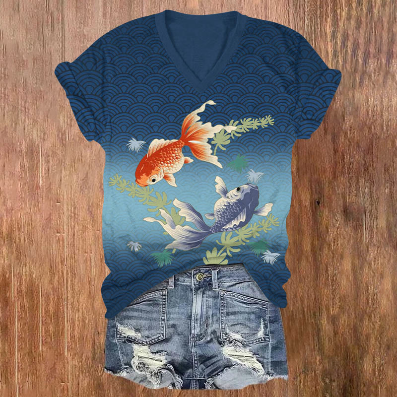 Vintage Wave Swimming Goldfish Art Print V-neck T-shirt - Blue - US32-34(5XL) - image 1