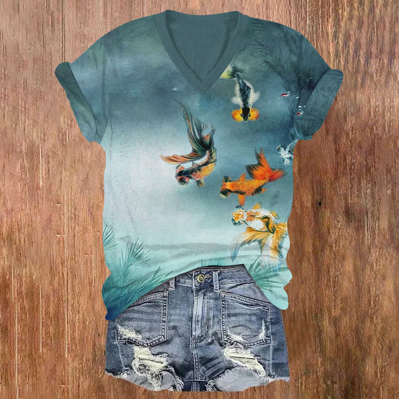 Oil Painting Colorful Goldfish Art Print V-neck T-shirt - Green - US32-34(5XL) - image 1