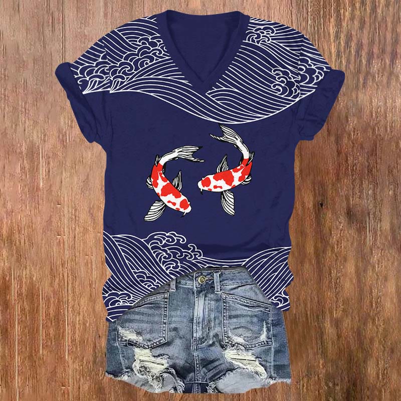 Japanese Vintage Wave Couple Koi Art Print V-neck T-shirt - Navy Blue - US32-34(5XL) - image 1