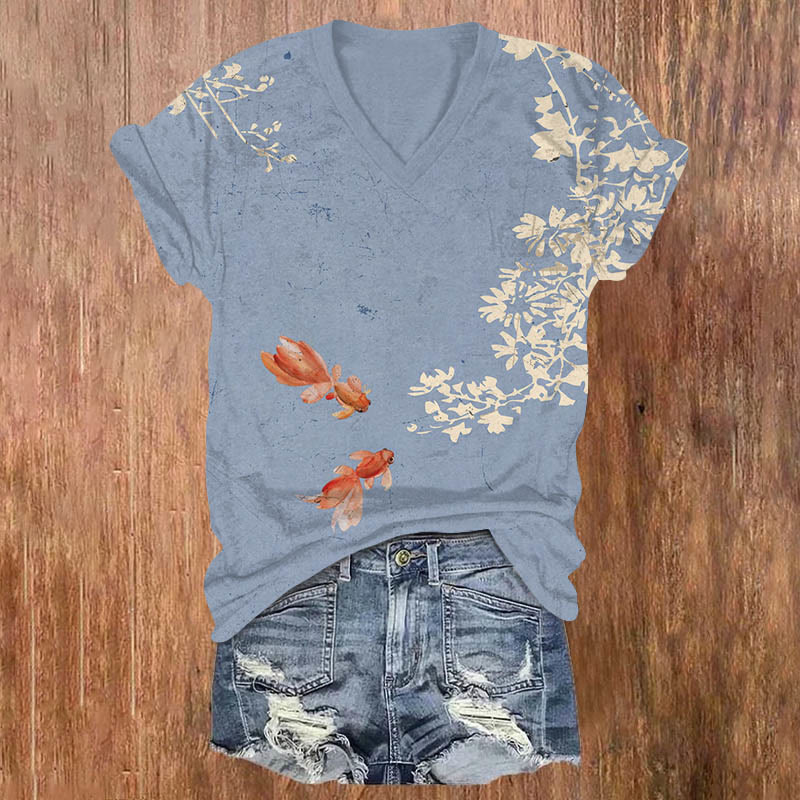 Japanese Vintage Floral Red Fish Art Print V-neck T-shirt - Blue - US32-34(5XL) - image 1