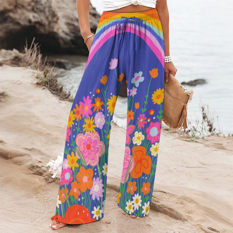 Rainbow Flowers Art Printed Casual Pants - Multicolor - 6XL - image 1
