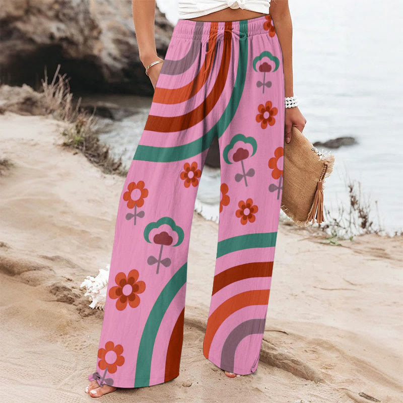 Rainbow Pink Flowers Art Printed Casual Pants - Pink - 6XL - image 1