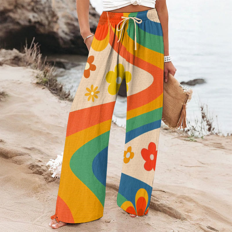 Rainbow Wavy Floral Art Printed Casual Pants - Multicolor - 6XL - image 1