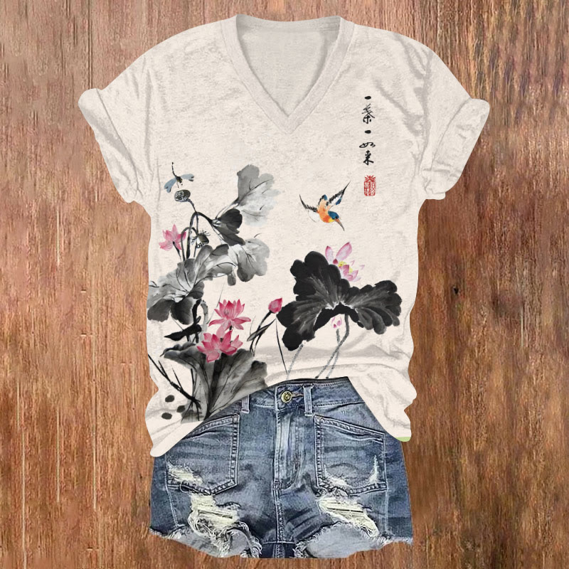 Japanese Ink Watercolor Lotus Pond & Butterfly Art T-shirt - Apricot - US32-34(5XL) - image 1