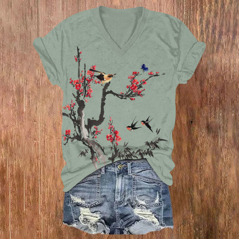 Vintage Peach Blossom & Birds Art T-shirt - Green - US32-34(5XL) - image 1