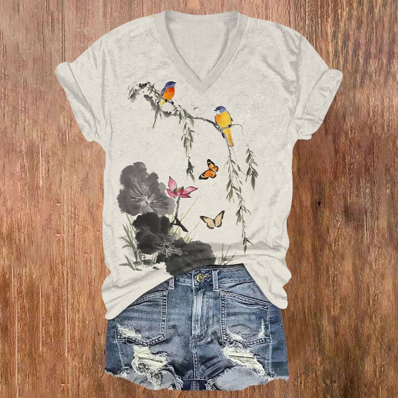 Vintage Watercolor Floral & Bird & Butterfly Art T-shirt - Beige - US32-34(5XL) - image 1