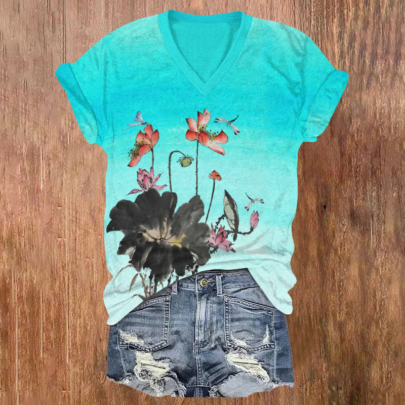 Vintage Dragonfly Collecting Nectar Art T-shirt - Lake Blue - US32-34(5XL) - image 1