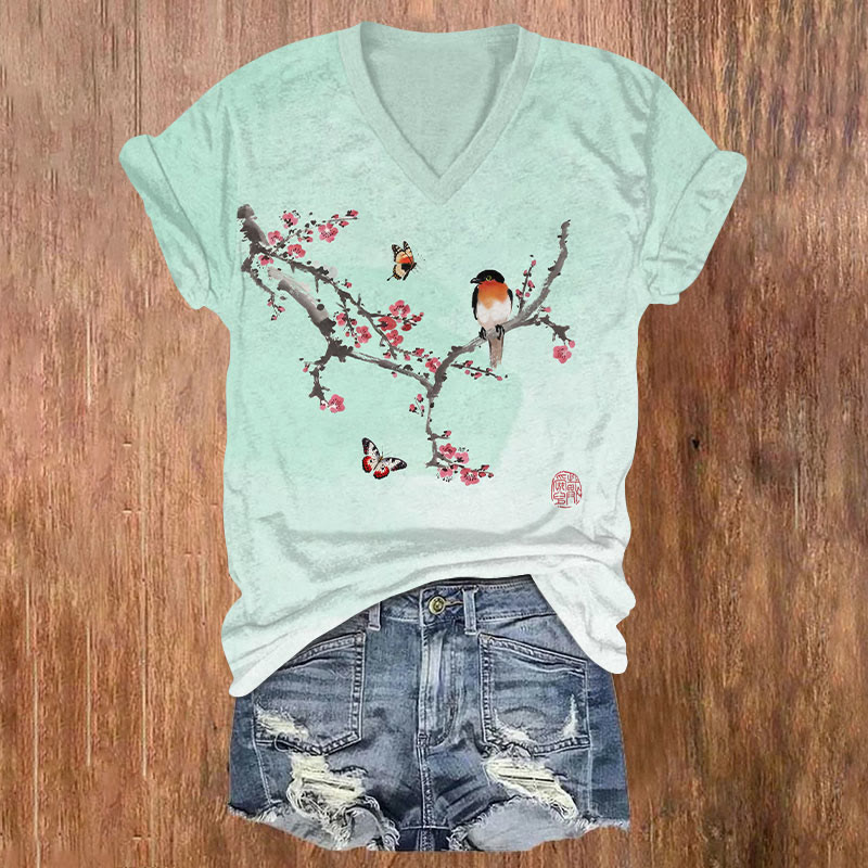 Japanese Vintage Bird & Butterfly On Peach Tree Art T-shirt - Mint - US32-34(5XL) - image 1