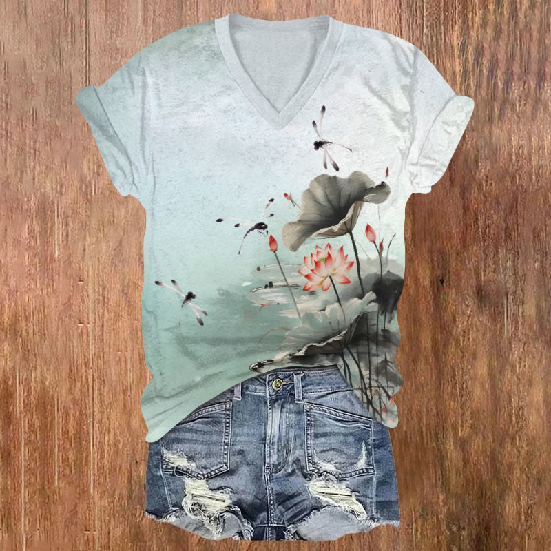 Vintage Ink Watercolor Dragonfly & Lotus Pond Art T-shirt - Light Green - US32-34(5XL) - image 1
