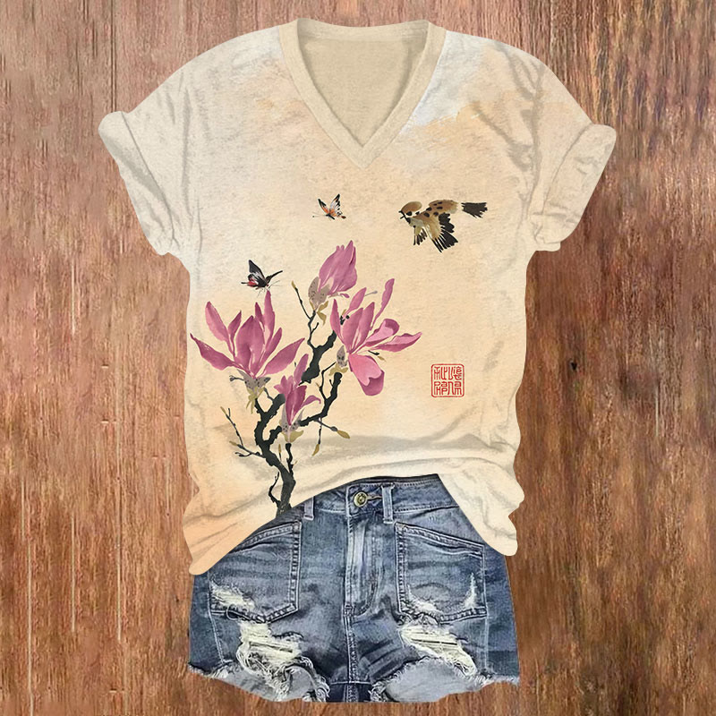 Vintage Spring Butterfly Collecting Nectar Art T-shirt - Orange - US32-34(5XL) - image 1