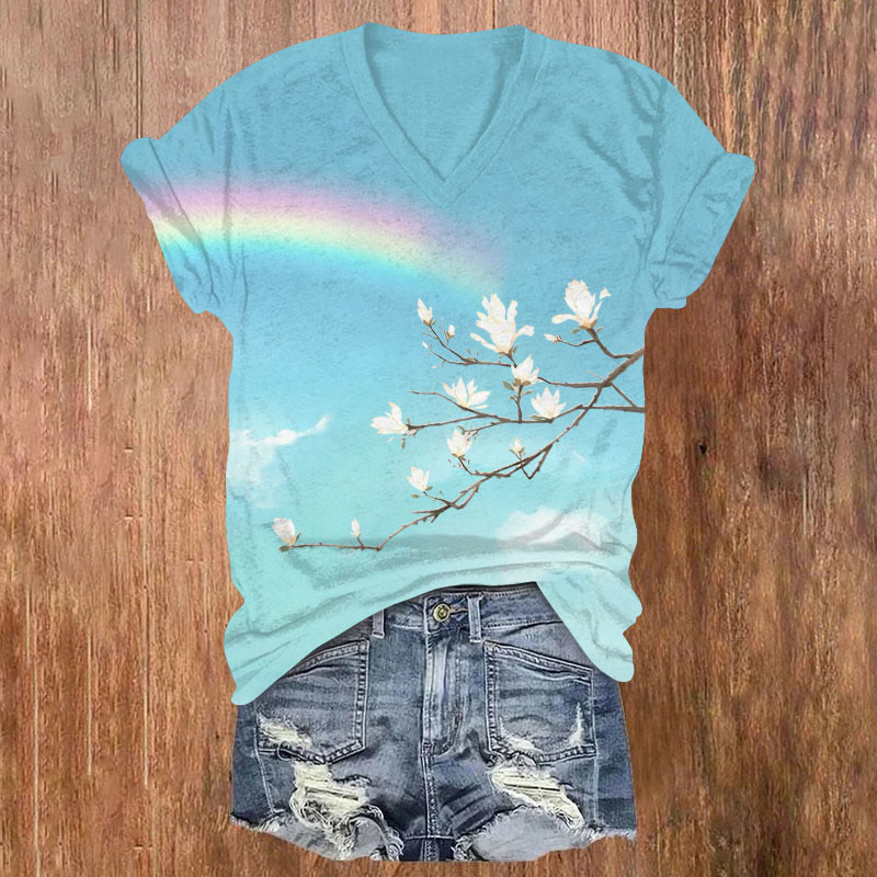 Rainbow And Flowers Art Print V-neck T-shirt - Blue - US32-34(5XL) - image 1
