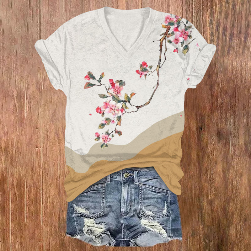Japanese Style Floral Art Print V-neck T-shirt - Apricot - US32-34(5XL) - image 1
