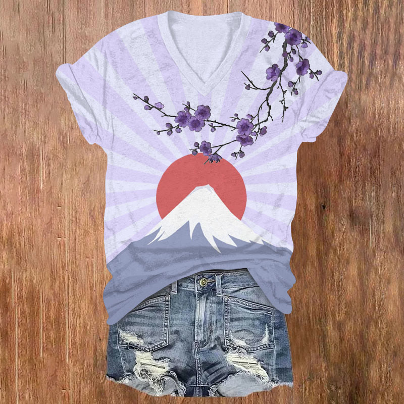 Japanese Style Mount Fuji Art Print V-neck T-shirt - Purple - US32-34(5XL) - image 1