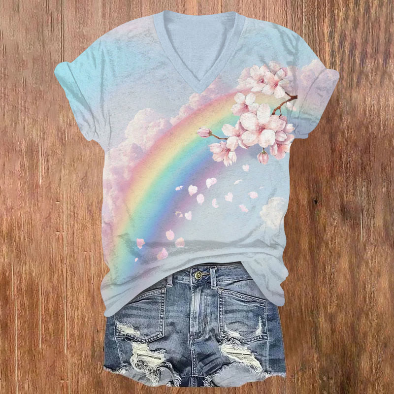 Rainbow And Cherry Blossoms Art Print V-neck T-shirt - Blue - US32-34(5XL) - image 1