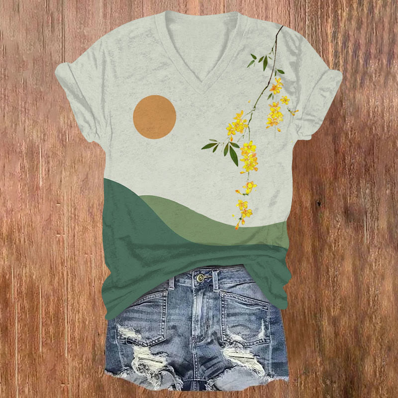Green Hills And Flowers Art Print V-neck T-shirt - Apricot - US32-34(5XL) - image 1