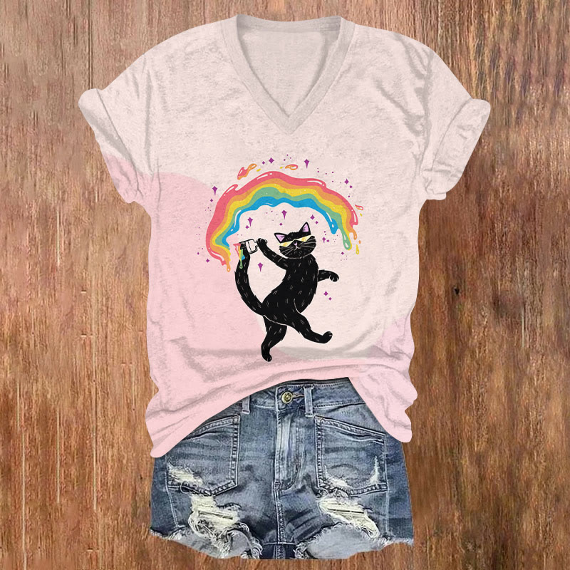 Creative Cool Black Cat Painting Rainbow Art T-shirt - Pink - US32-34(5XL) - image 1
