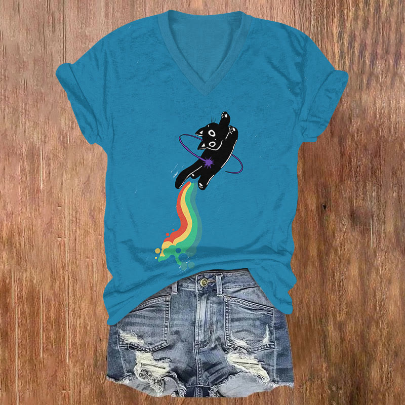Creative Flying Rainbow Cat Art T-shirt - Blue - US32-34(5XL) - image 1