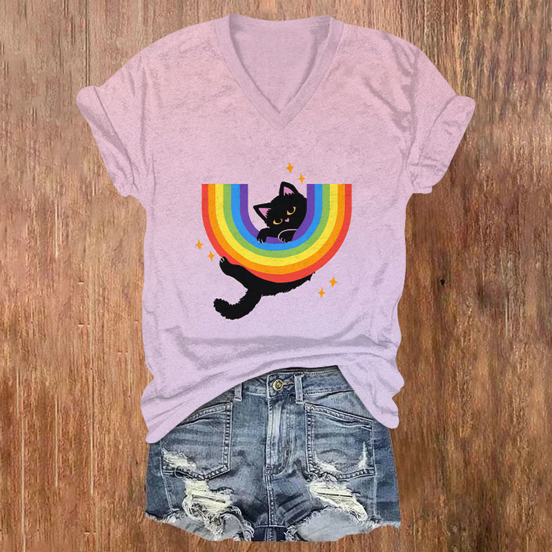 Leisurely Rainbow Black Cat Art T-shirt - Light Purple - US32-34(5XL) - image 1