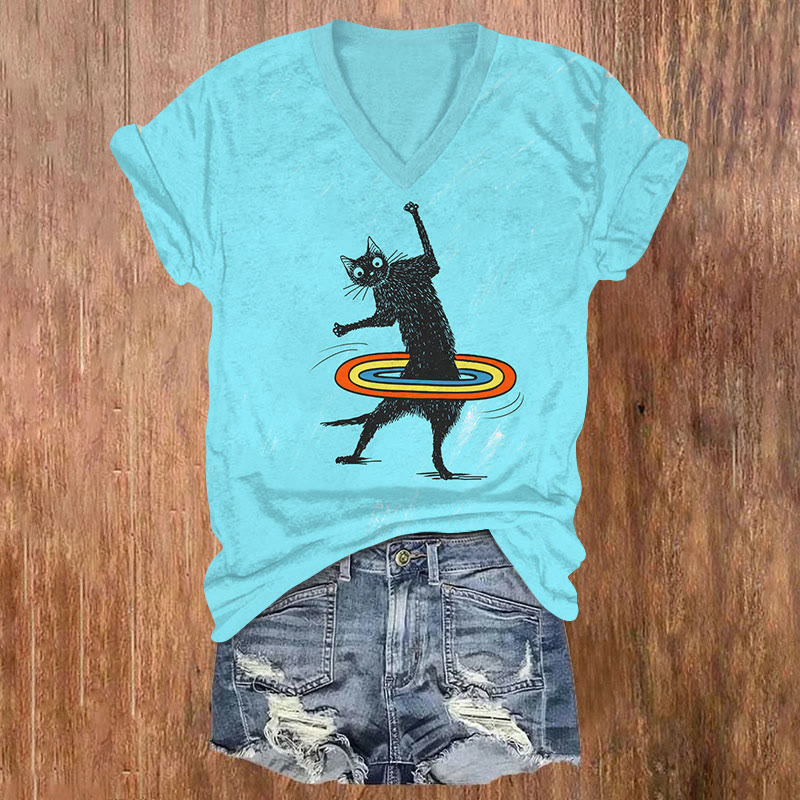 Funny Rainbow Hula Hoop Black Cat Art T-shirt - Sky Blue - US32-34(5XL) - image 1