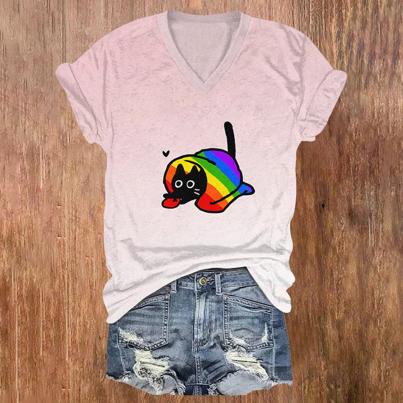 Funny Black Cat Covered With Rainbow Quilt Art T-shirt - Pink - US32-34(5XL) - image 1