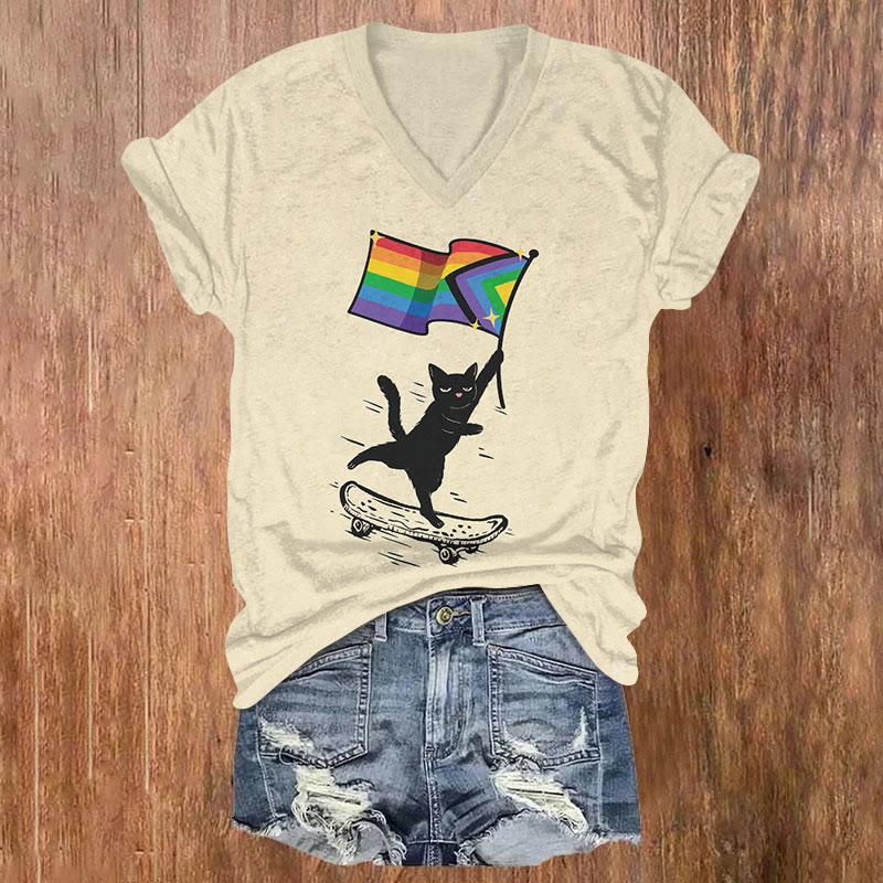 Funny Skateboard Cat Holding Rainbow Flag Art T-shirt - Beige - US32-34(5XL) - image 1