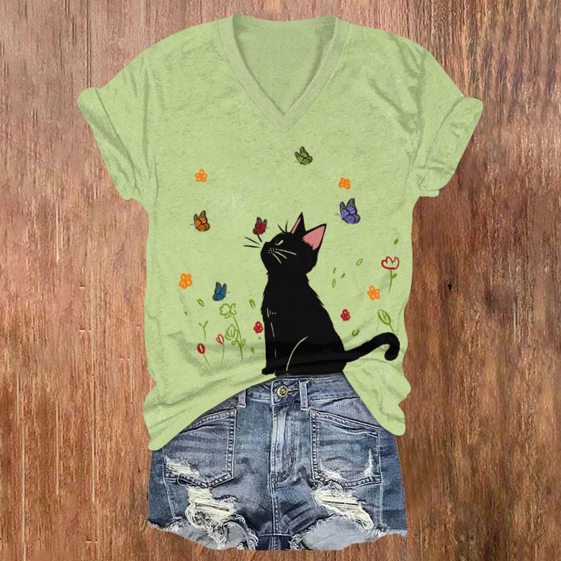 Lovely Black Cat & Rainbow Butterfly Art T-shirt - Green - US32-34(5XL) - image 1