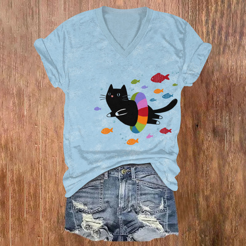 Funny Rainbow Swimming Ring  Cat & Fish Art T-shirt - Blue - US32-34(5XL) - image 1