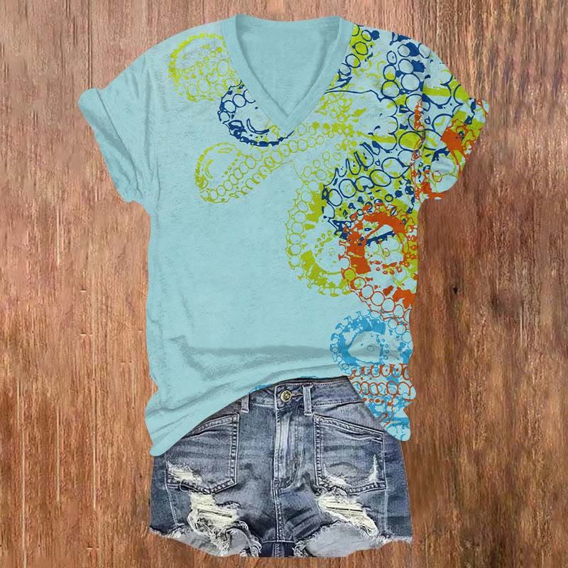 Rainbow Octopus Art Print V-neck T-shirt - Blue - US32-34(5XL) - image 1