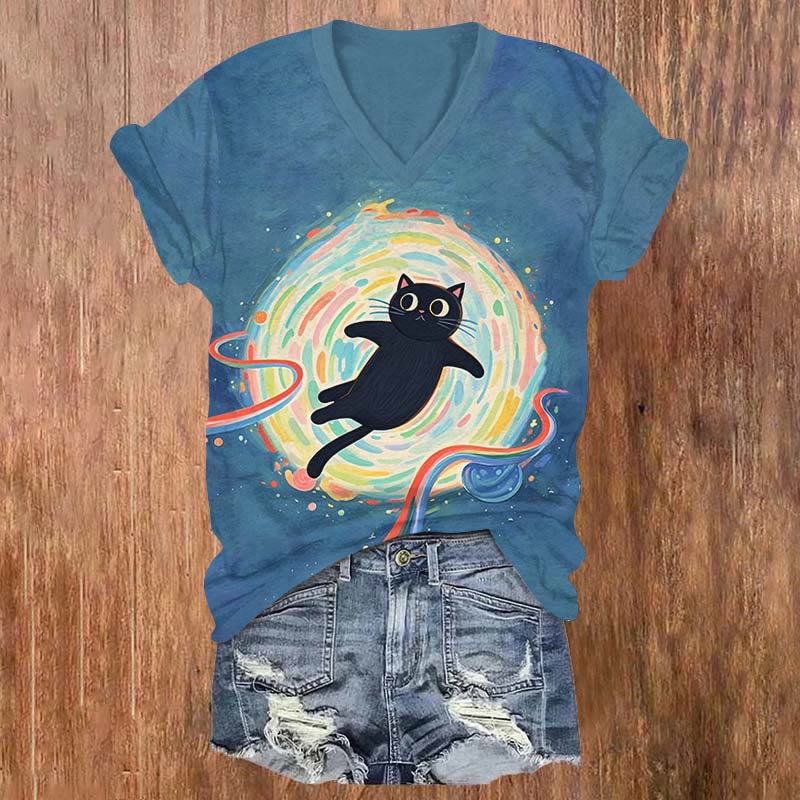 Rainbow Black Cat Art Print V-neck T-shirt - Blue - US32-34(5XL) - image 1