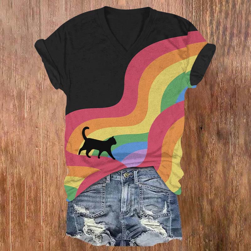 Abstract Lines Rainbow And Black Cat Art Print V-neck T-shirt - Black - US32-34(5XL) - image 1