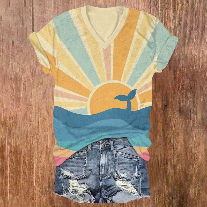 Rainbow And Whale Art Print V-neck T-shirt - Multicolor - US32-34(5XL) - image 1