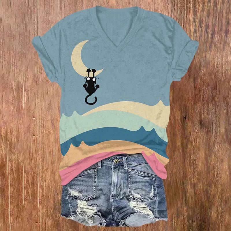 Cute Kitten Art Print V-neck T-shirt - Blue - US32-34(5XL) - image 1