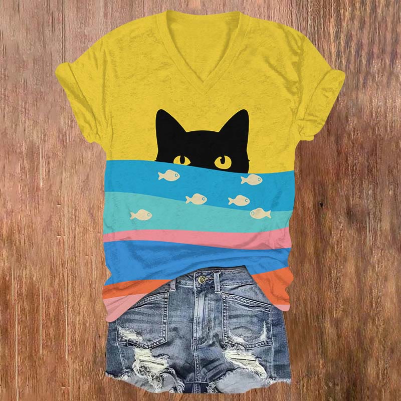 Black Cat Staring At Fish Art Print V-neck T-shirt - Yellow - US32-34(5XL) - image 1