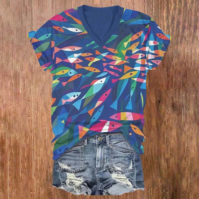 Rainbow Fish Art Print V-neck T-shirt - Blue - US32-34(5XL) - image 1