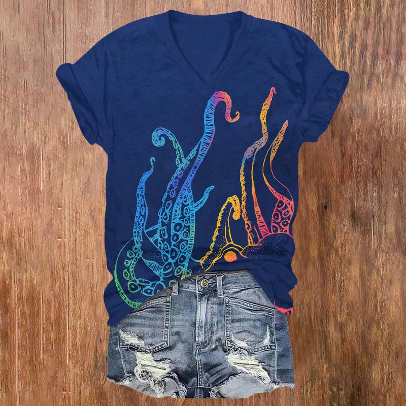 Rainbow Octopus Art Print V-neck T-shirt - Blue - US32-34(5XL) - image 1