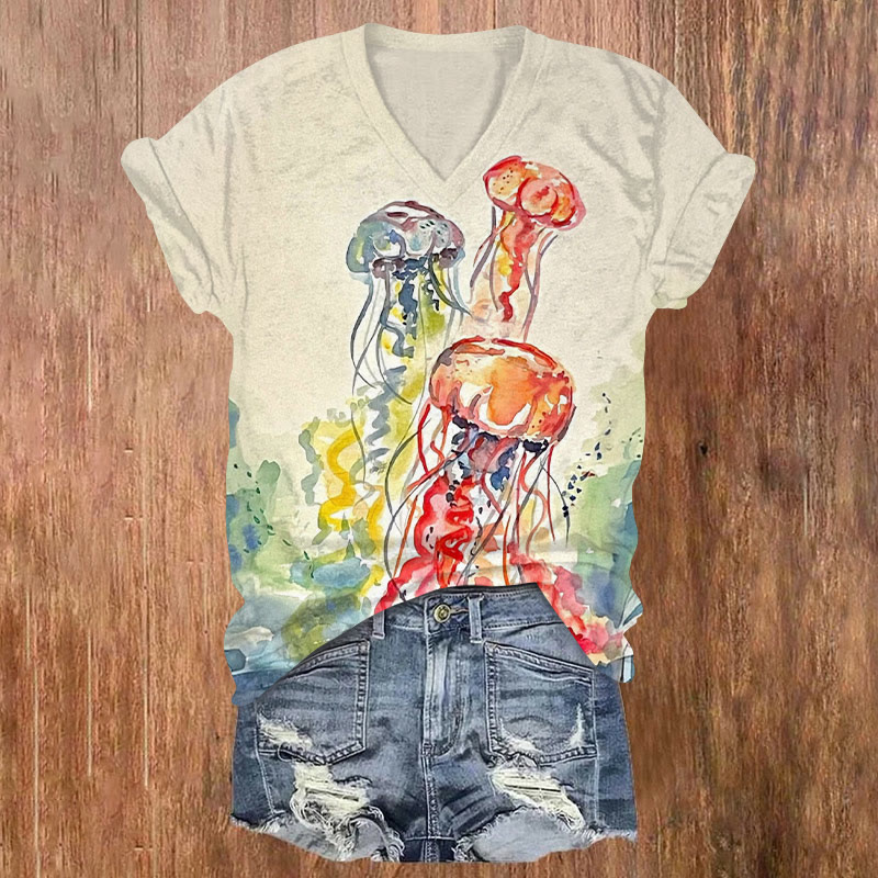 Watercolor Rainbow Jellyfish Print V-neck T-shirt - Apricot - US32-34(5XL) - image 1