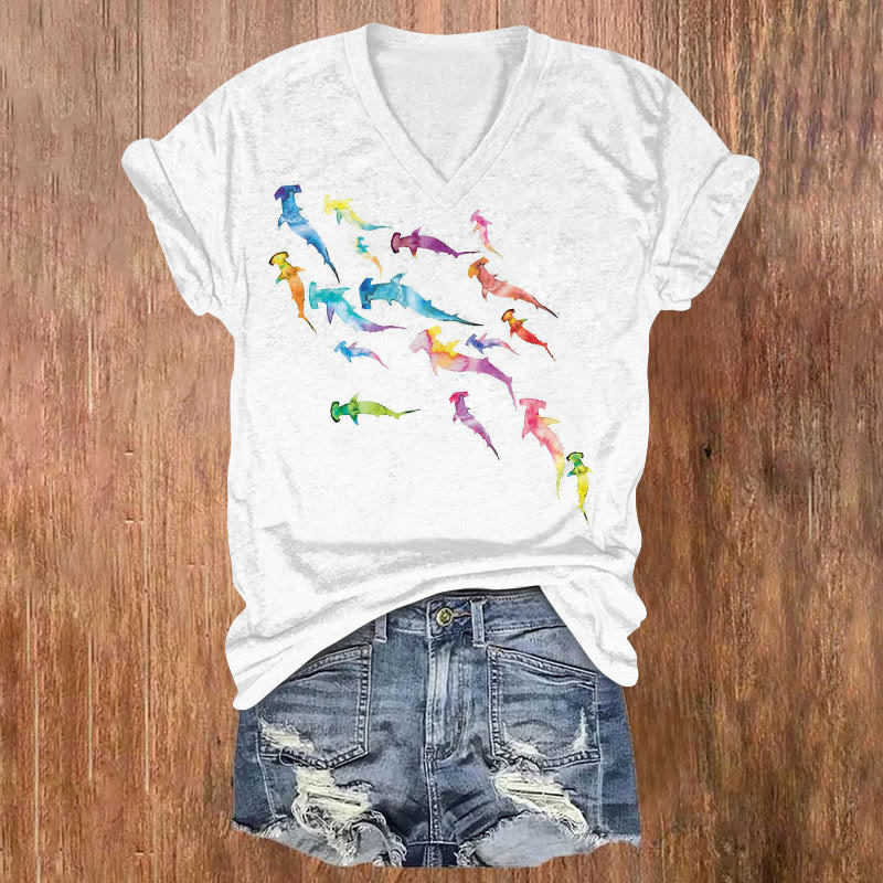 Rainbow Shark School Print V-neck T-shirt - White - US32-34(5XL) - image 1