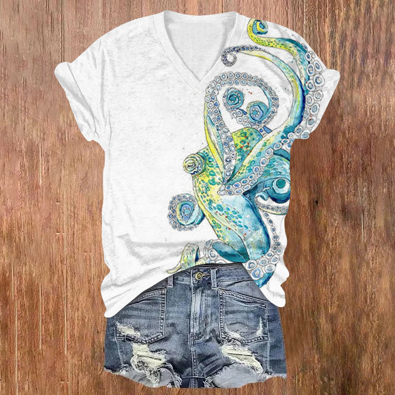 Asymmetrical Octopus Print V-neck T-shirt - White - US32-34(5XL) - image 1