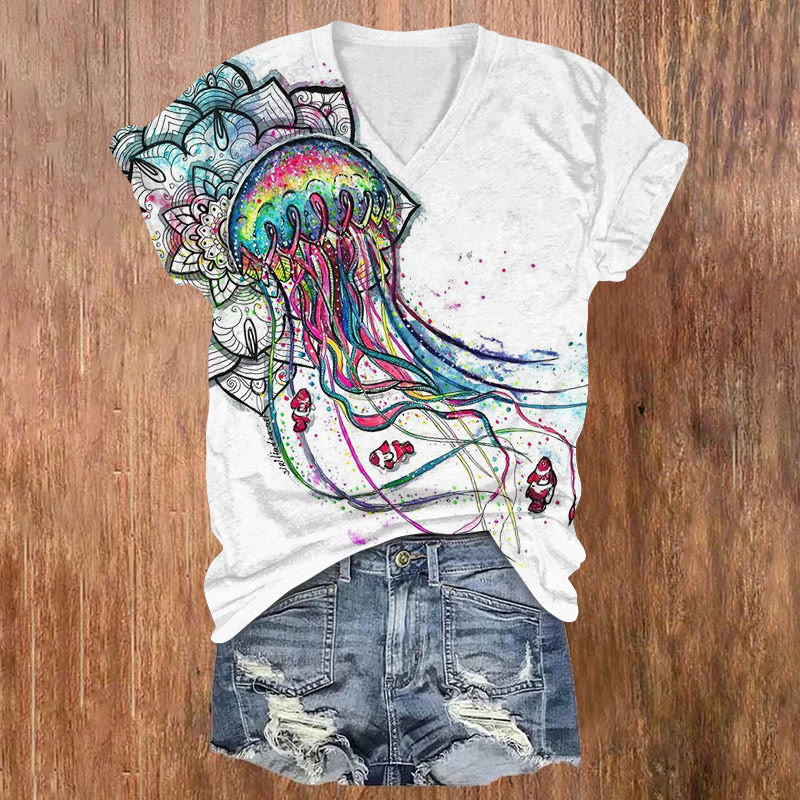 Mandala Flower Rainbow Jellyfish Print V-neck T-shirt - White - US32-34(5XL) - image 1