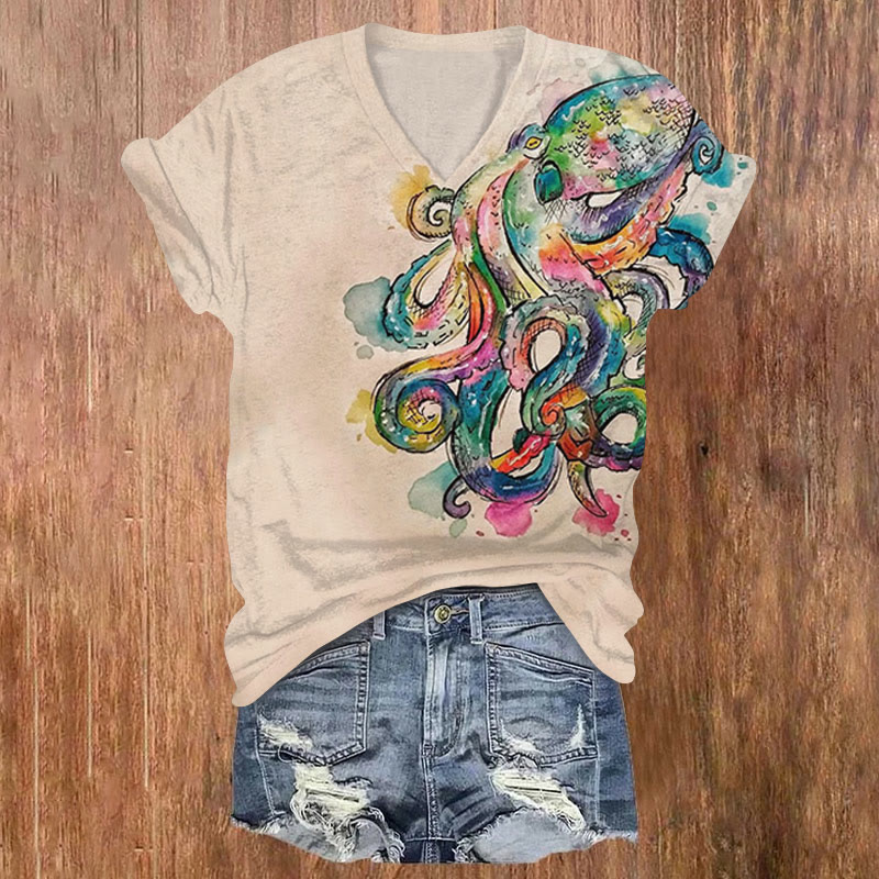 Watercolor Rainbow Octopus Print V-neck T-shirt - Khaki - US32-34(5XL) - image 1