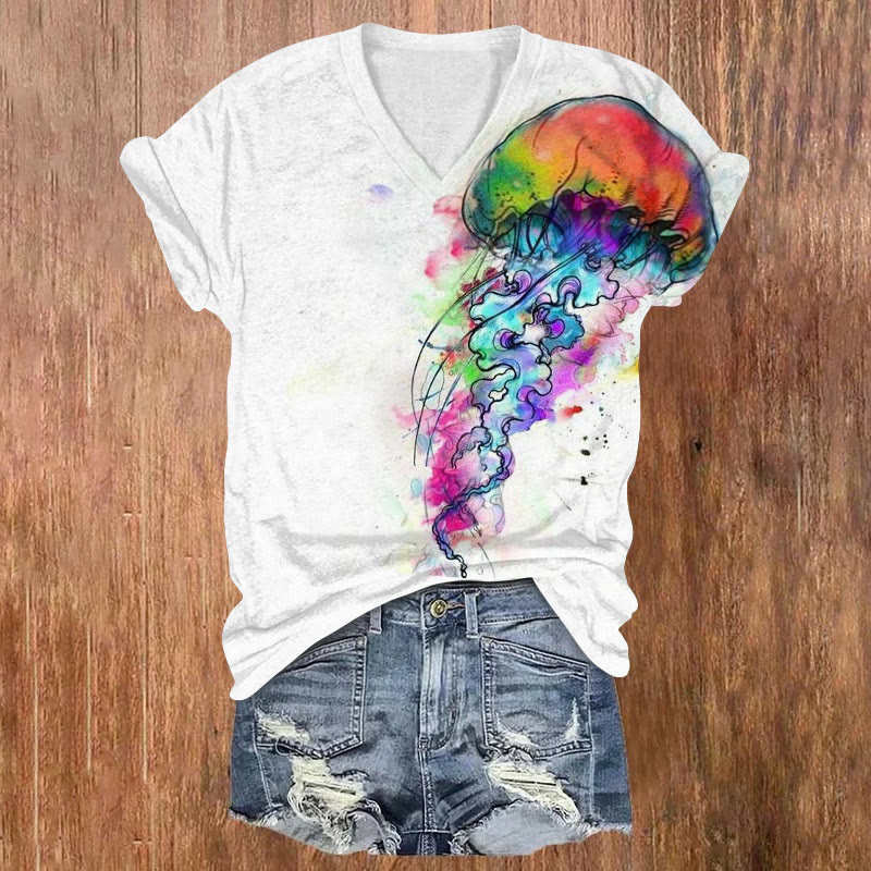 Rainbow Jellyfish Watercolor Print V-neck T-shirt - White - US32-34(5XL) - image 1