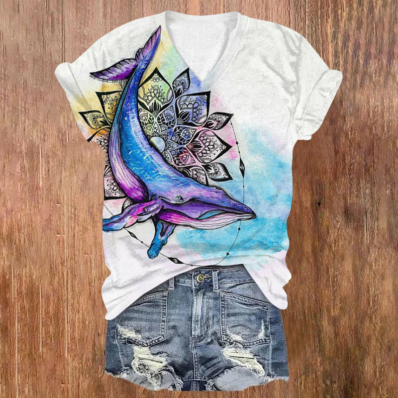 Mandala Flower Rainbow Whale Print V-neck T-shirt - White - US32-34(5XL) - image 1