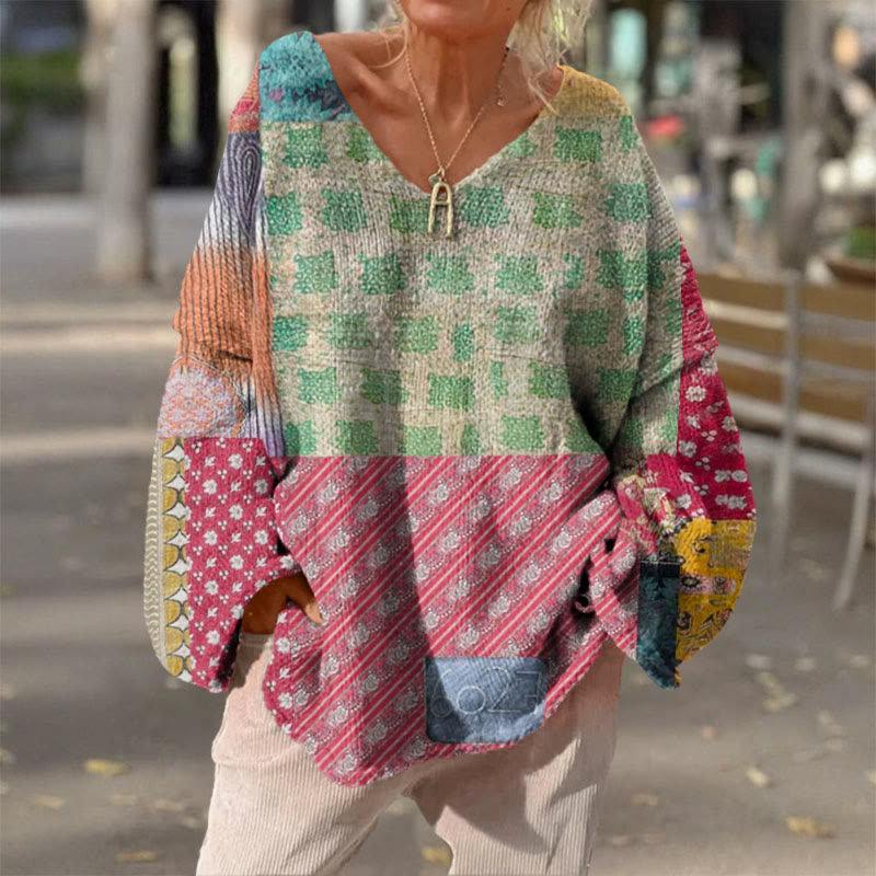 Women's Retro Flowers Patchwork Print Causal V-neck Pullover Sweater - Green - 4XL - image 1