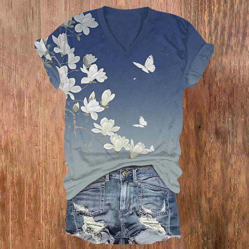 Vintage White Floral & Butterfly Art Print V-neck T-shirt - Blue - US32-34(5XL) - image 1