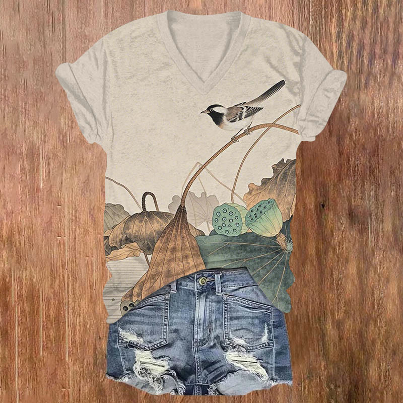 Vintage Bird On Withered Lotus Art Print V-neck T-shirt - Khaki - US32-34(5XL) - image 1