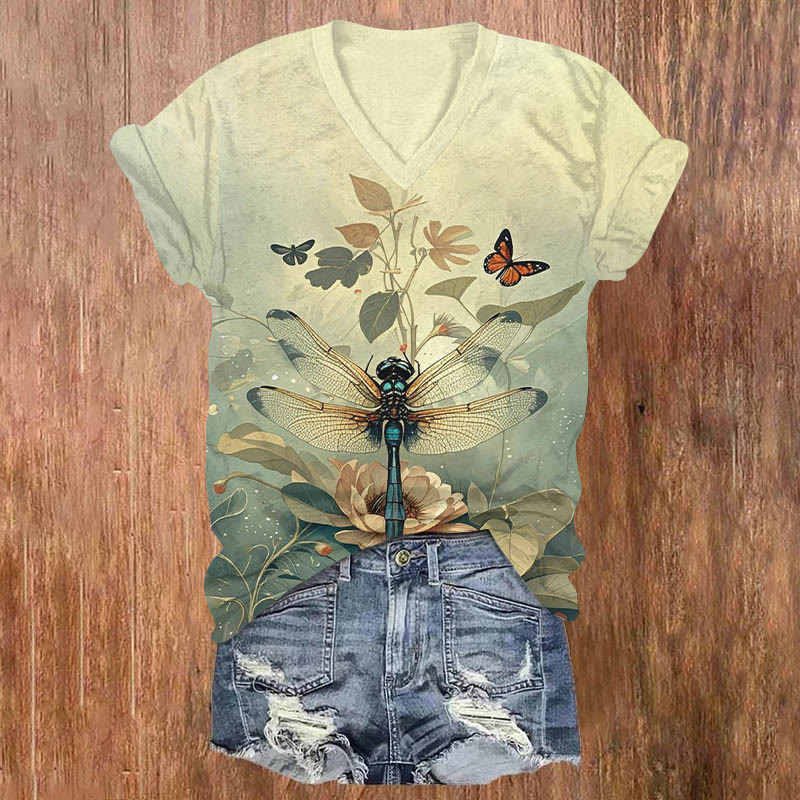 Mystical Dragonfly Butterfly & Flowers Art Print V-neck T-shirt - Yellow - US32-34(5XL) - image 1