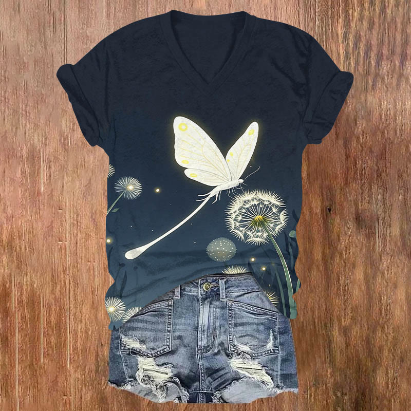 Glowing Butterflies &  Dandelions Art Print V-neck T-shirt - Dark Blue - US32-34(5XL) - image 1