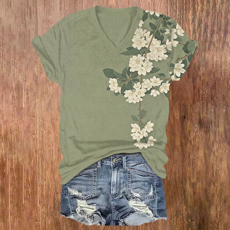 Vintage Japanese White Sakura Art Print V-neck T-shirt - Green - US32-34(5XL) - image 1