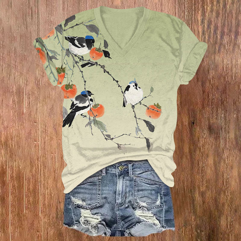 Watercolor Birds & Persimmon Art Print V-neck T-shirt - Light Green - US32-34(5XL) - image 1